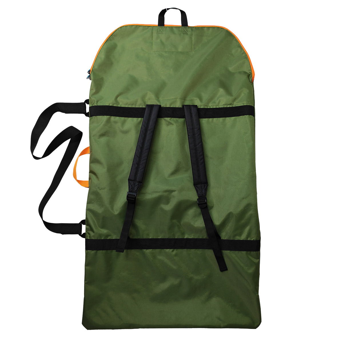 eBodyboarding Small Sponge Sack bodyboard bag in Green/Navy/Orange, back view with backpack straps