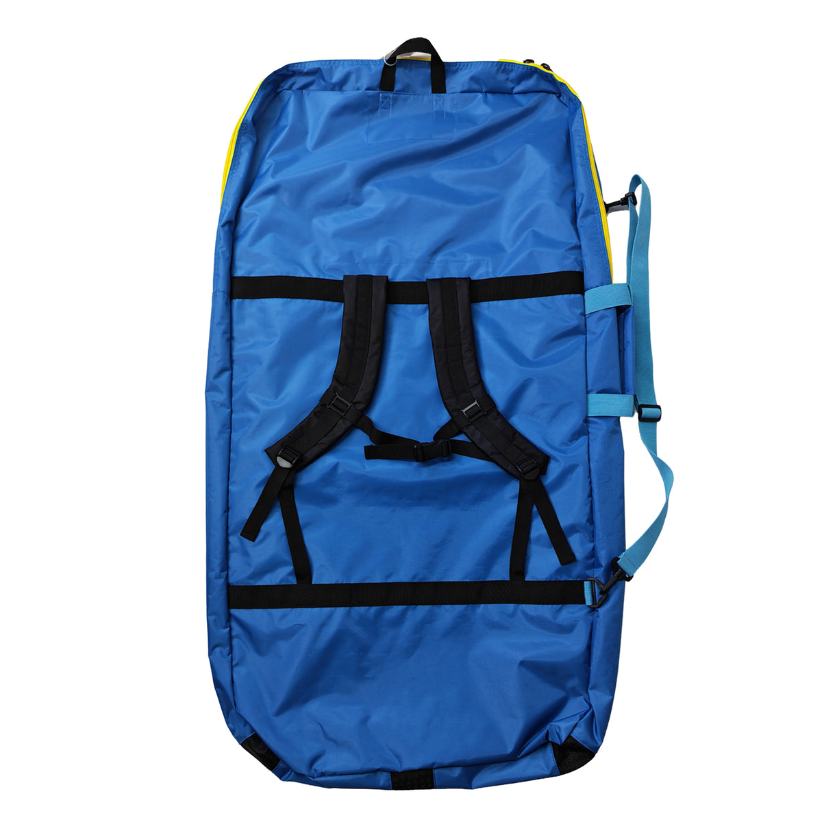 eBodyboarding Large Sponge Sack bodyboard bag in Blue/Blue/Yellow, back view with backpack straps