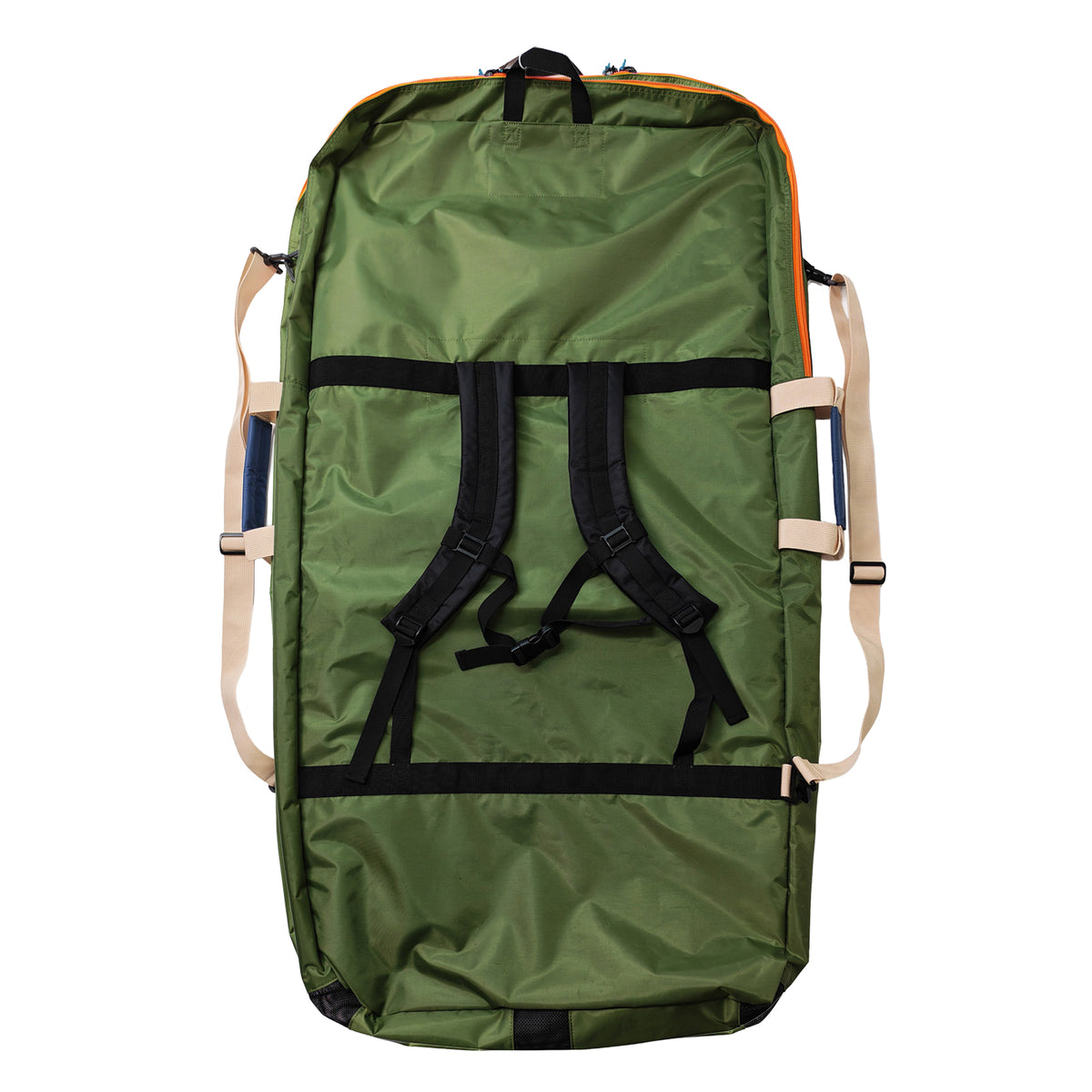 eBodyboarding Large Sponge Sack bodyboard bag in Green/Navy/Tan, back view with backpack straps