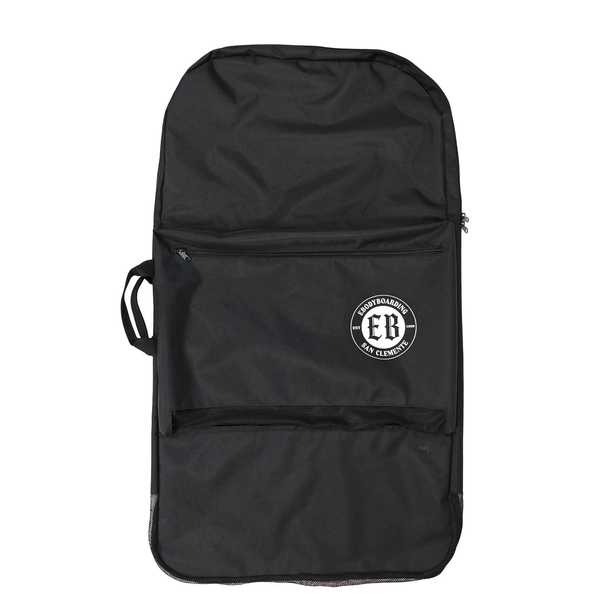 eBodyboarding Simple Sack bodyboard bag in black, front view with zip pocket