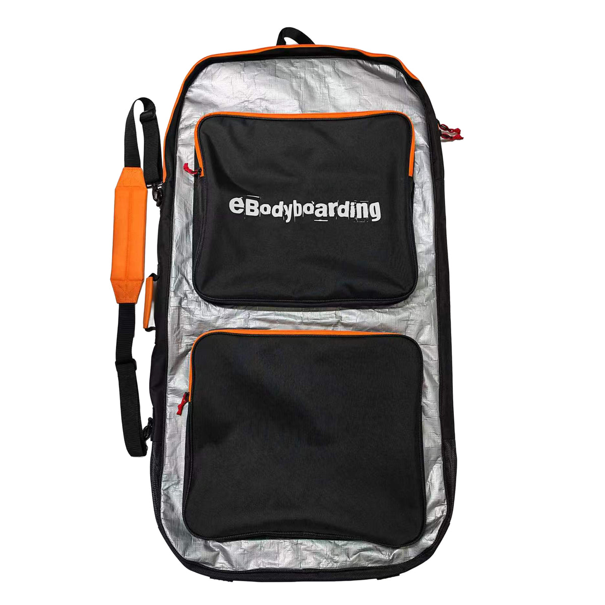 eBodyboarding Padded Reflector travel bodyboard bag in Black/Orange, front view with 2 pockets