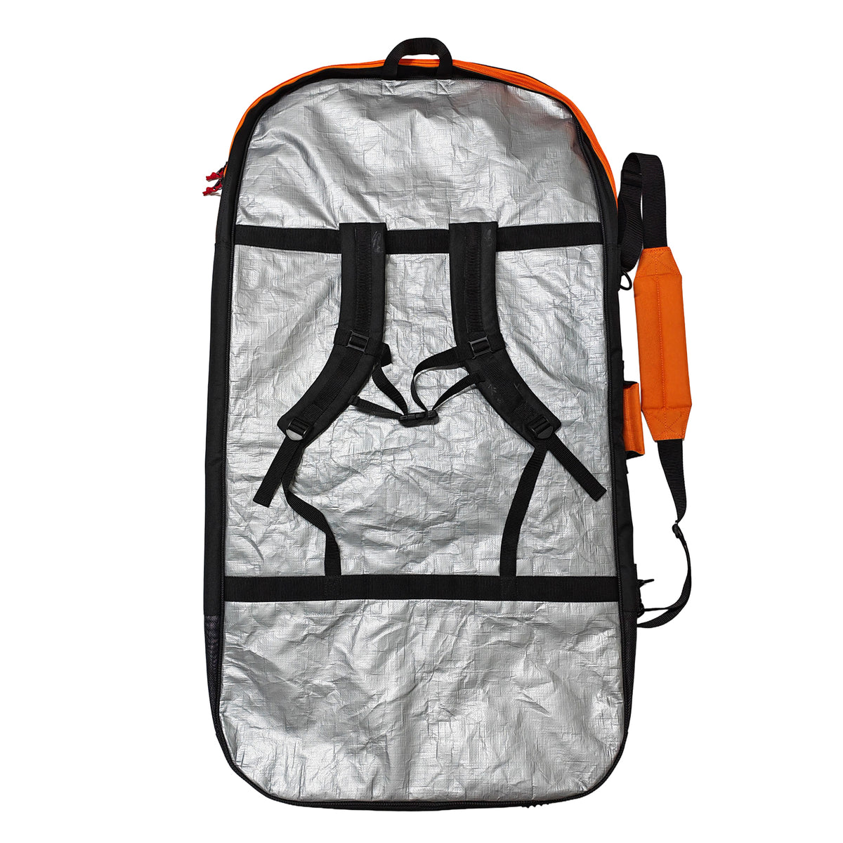 eBodyboarding Padded Reflector travel bodyboard bag in Black/Orange, back view with padded backpack straps