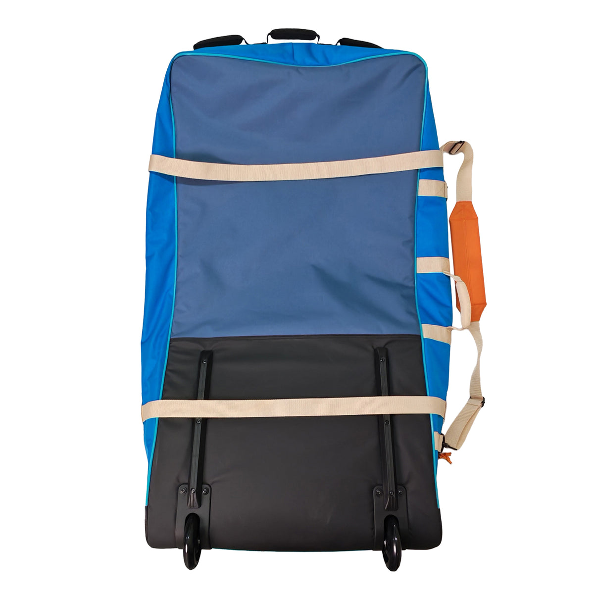 eBodyboarding Rolling Coffin travel bodyboard bag in Blue/Light Blue, back view with wheels