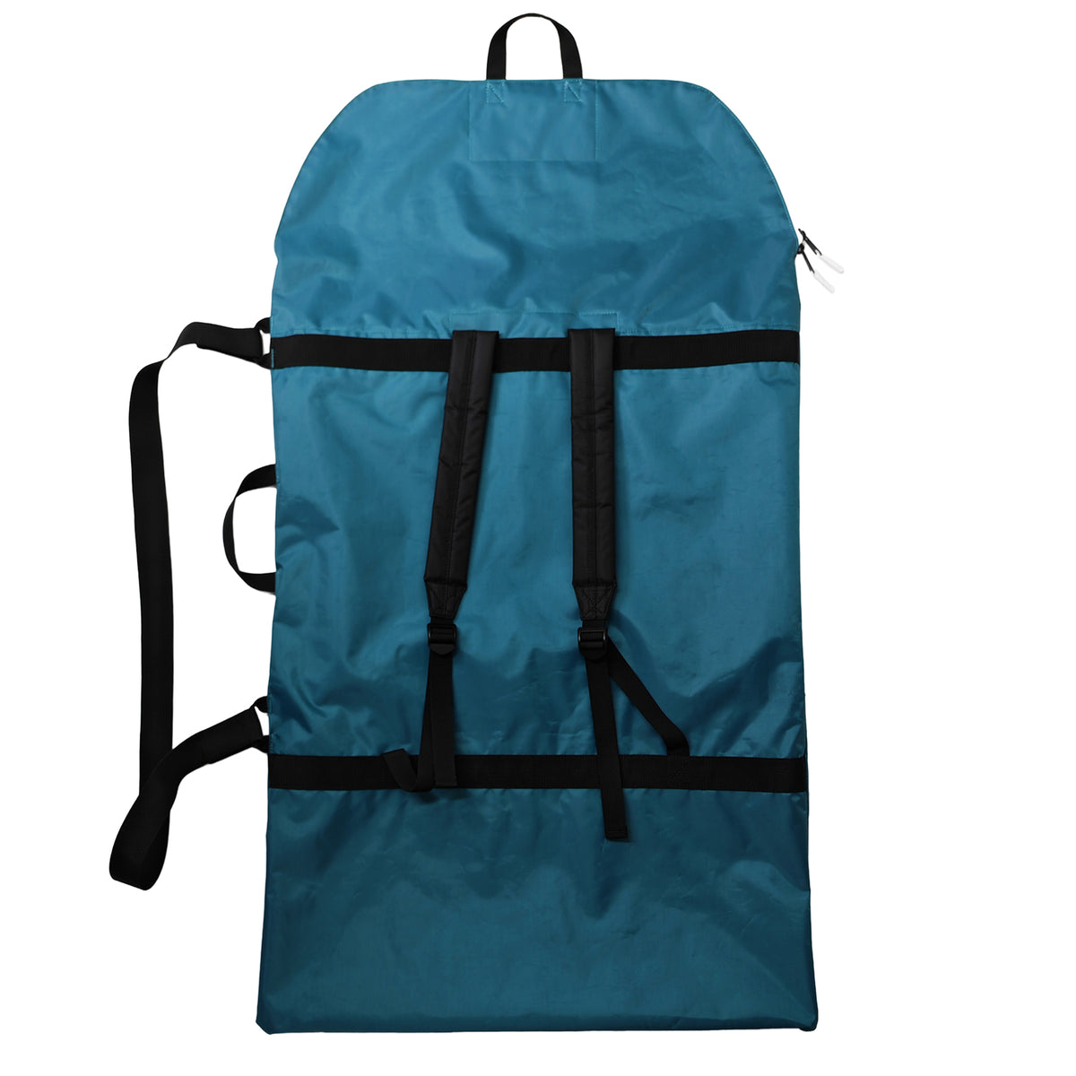 Tribe Small Sponge Sack bodyboard bag in deep sea green, back view with backpack straps